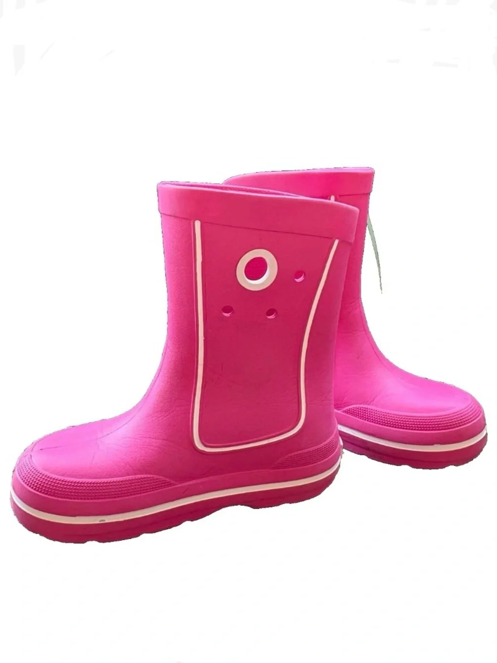 Crocs Jaunt Youth Girls Sz 3 Pink Rain Boots Mud Puddle Pull On Waterproof